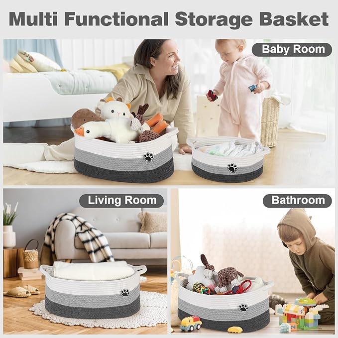 Dog Toy Basket, Toy Box and Bin for Dog Cat Storage, 19.7" X 11" X 7.9" (30L) Large Woven Basket for Blanket Storage, Rope Baskets for Living Room, Bedroom, White & Grey