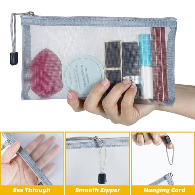 Small Mesh Cosmetic Bags, 6pcs Nylon Makeup Pouches with Zipper for Home Office Purse Diaper Bag (Grey)