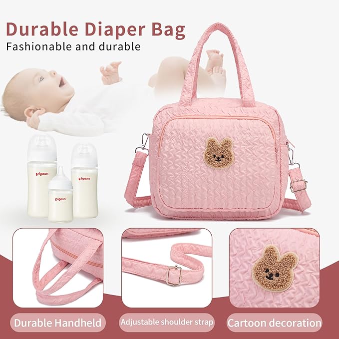Small Diaper Bag Tote, Crossbody Diaper Bag Mini Purse with 8 Pockets, Travel Baby Bag for boys & Girls, 2 Insulated Pockets, Pink