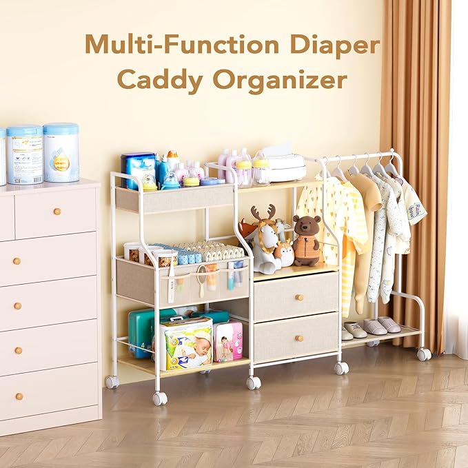 BBLIKE Diaper Caddy Organizer with Hanging Rack - 3 Tier Rolling Utility Cart with Drawers and Dividers for Baby Bottle Storage - Bedside Cart for Changing Station, Crib, Nursery, Bedroom, Beige