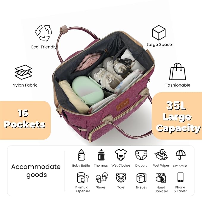 ROSEGIN Diaper Bag Backpack with Changing Pad, Pacifier Case, Baby Bag for Boy Girl Toddler - Large, Stylish, Waterproof Travel Quilted Diaper Bag for Mom - Baby Shower - Purple