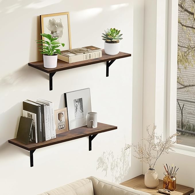 Heavy Duty Long Wall Shelves Set of 2, Floating Shelves Wall Mounted with Industrial Brackets, 40lbs Capacity Shelves for Laundry Room, Kitchen, Bathroom, Living Room (24"*8",Rustic Brown)