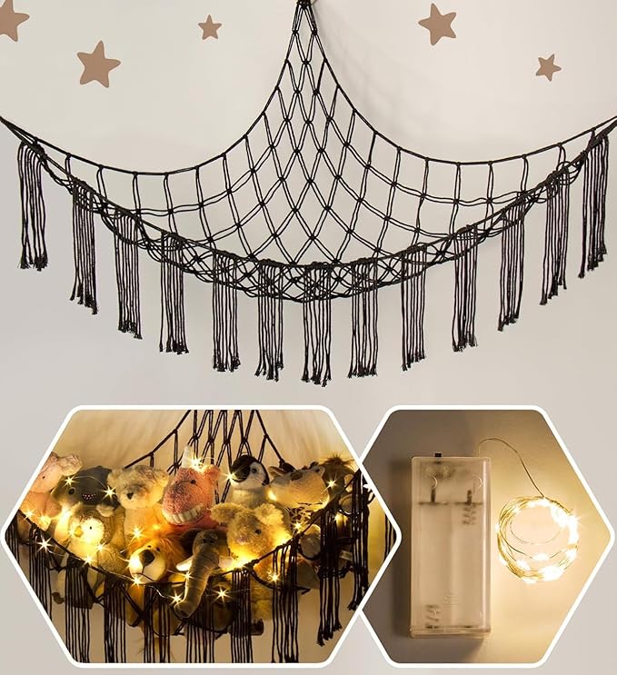 Stuffed Animal Storage Hammock Corner X-Large with LED Light - Baby Hammock Hanging Holder Plushies Net for Stuff Animals Organizer - Cute Room Decor Aesthetic Kids Toddler Nursery Bedroom