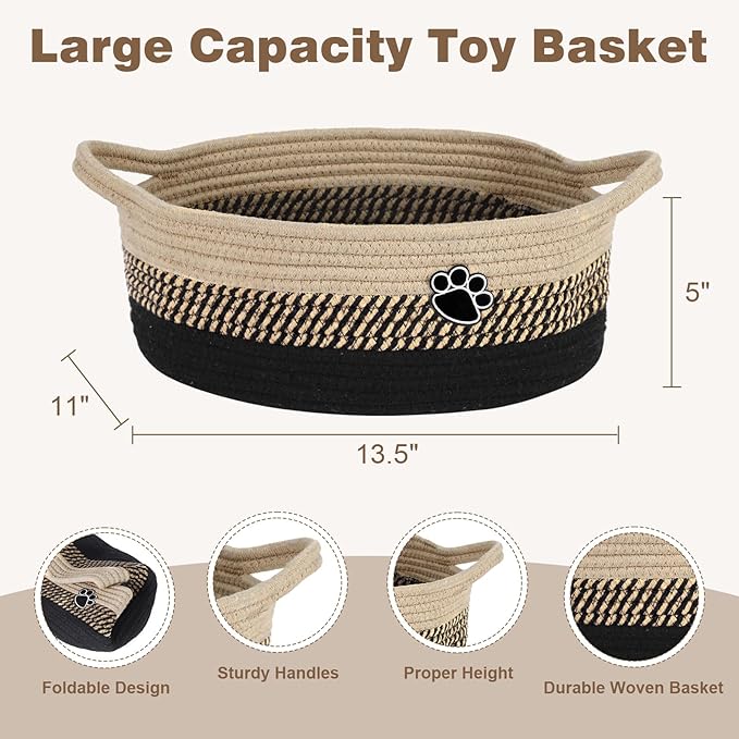 Dog Toy Basket, Toy Box and Bin for Dog Cat Storage, 13.5" X 11" X 5" Small Woven Rope Basket for Baby Storage, Closet, Living Room, Brown & Black