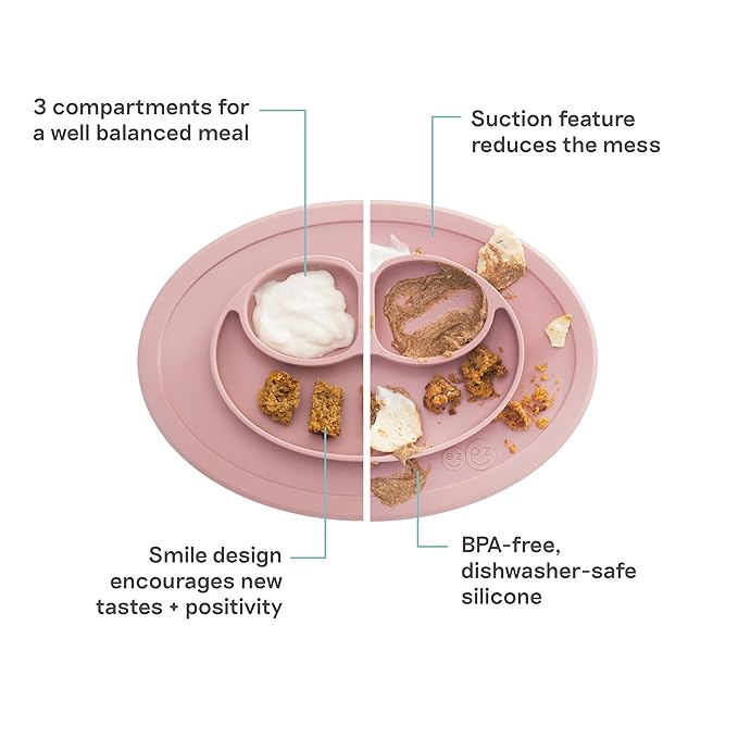 ezpz Mini Mat (Blush) - 6 -12 Months+ - 100% Silicone Suction Placemat + Divided Plate with Three Compartments - Supports Baby-Led Weaning - Designed for Highchair, Table, and Travel