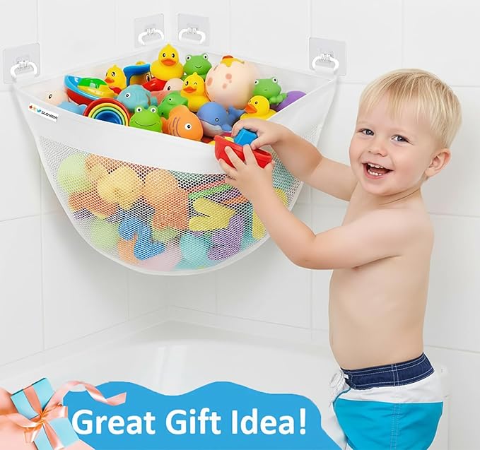 Bath Toy Holder Corner, Kids Bath Toy Net for Tub, Bathtub Holder Basket, Storage Bin Hammock Organizer, Shower Caddy Hanging Mesh Bag, Baby Bathroom Storage with 6 Adhesive Wall Hooks