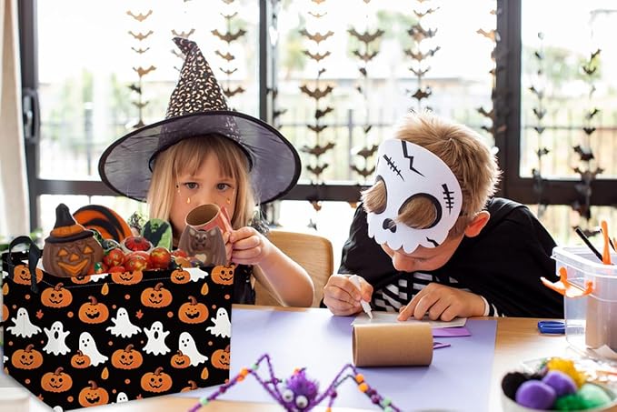 Essme Rectangular Halloween Basket,Ghost Baskets Empty with Handles,Cute Baskets for Kids Halloweens Room Decor,Boys and Girls, Candy Basket,(Cute Ghost)