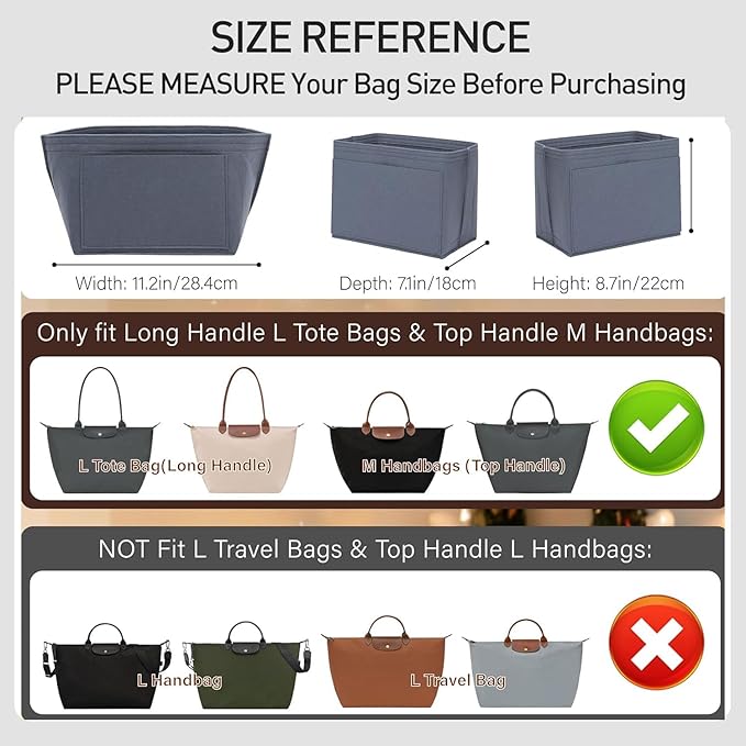Premium Felt Purse Organizer Insert Compatible with Longchamp Le Pliage Large and More, Zipper Long Champ Bag Organizer Insert with Cup Holder, 8 Compartments (Light Gray,L)