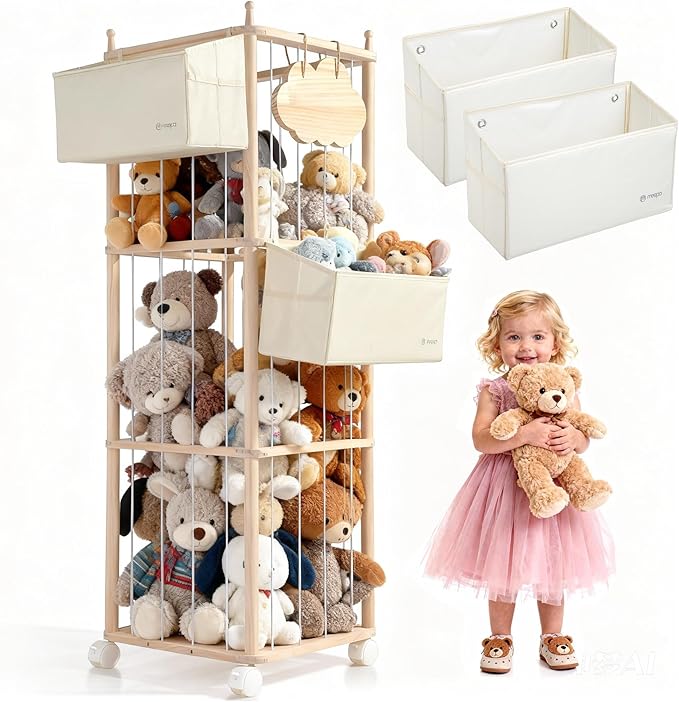 M MEEPO Stuffed Animal Storage & Organizer, with 2-Piece Large Detachable Toy Storage Bags, Wooden Tall Zoo Toys Storage with Wheels for Kids Playroom Kidroom Bedroom, Easy Assemble, 53 Inch