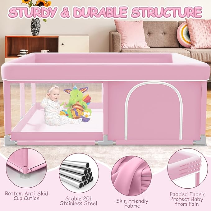 Baby Playpen 50 x 50 Inch Play Pen Playards, Playpen for Babies and Toddlers, Baby Playard for Indoor & Outdoor Active Center Game Fence, with Skin-Friendly Fabric and Soft Breathable Mesh Pink