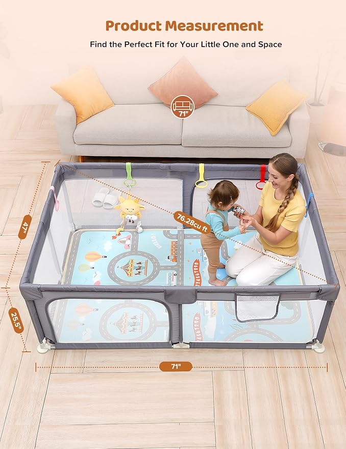 Dripex Baby Playpen with Mat, 71"x47" Play Pen for Toddlers 1-3 Years, Soft Breathable Visible Mesh, Indoor/Outdoor Portable Play Yard with Mat, Safe Baby Fence Play Area, Light Grey