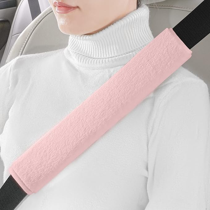 LACDL Extra Long Seatbelt Cover Super Soft Furry for Adults Kids Women & Men, Thick Plush Full Car Seat Belt Strap Cushion, Fluffy Shoulder Pad Protector, Auto Interior Accessories, Pink 13in, 2pcs