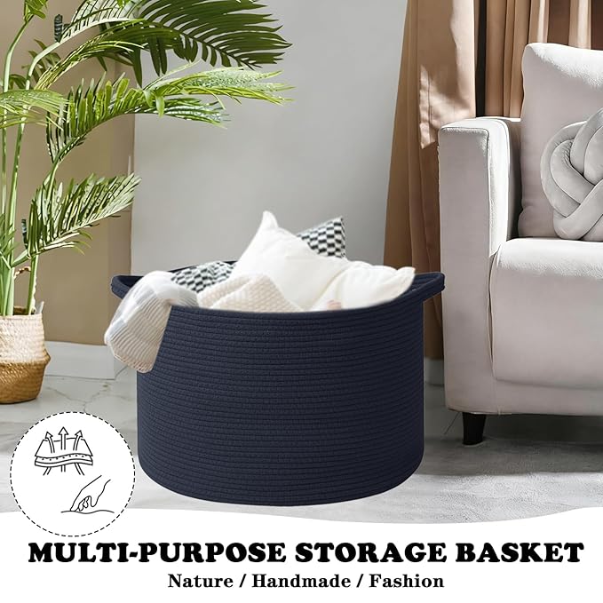 Large Storage Basket with Handle,19.7" L x 19.7" W x 13" H Blanket Basket Storage Bins for Organizing,65L Cotton Rope Woven Baskets for Living Room, Nursery,Bedroom,Dark Blue