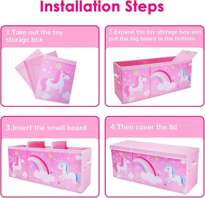 decalsweet Unicorn Extra Large Toy Box Chest with Flip Lid for Kids, Collapsible Oxford Toy Storage Box with Handles Mesh Pockets, Sturdy Waterproof Toy Box for Bedroom Playroom, 37.7×12.5×15.7 Inch