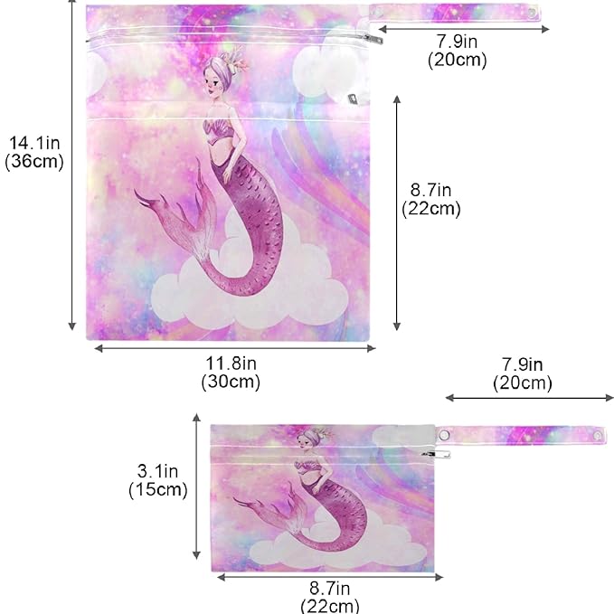 visesunny Unicorn Galaxy Cloud And Rainbow Fantasy 2Pcs Wet Bag with Zippered Pockets Washable Reusable Roomy for Travel,Beach,Pool,Daycare,Stroller,Diapers,Dirty Gym Clothes, Wet Swimsuits, Toiletrie
