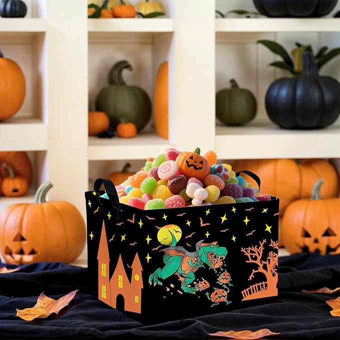 ASKETAM Halloween Basket Gift Cute Pumpkin Ghost Parties Decor Kid Trick or Treat Basket for Boys and Girls Rectangular Storage Bin Box (Dinosaur)