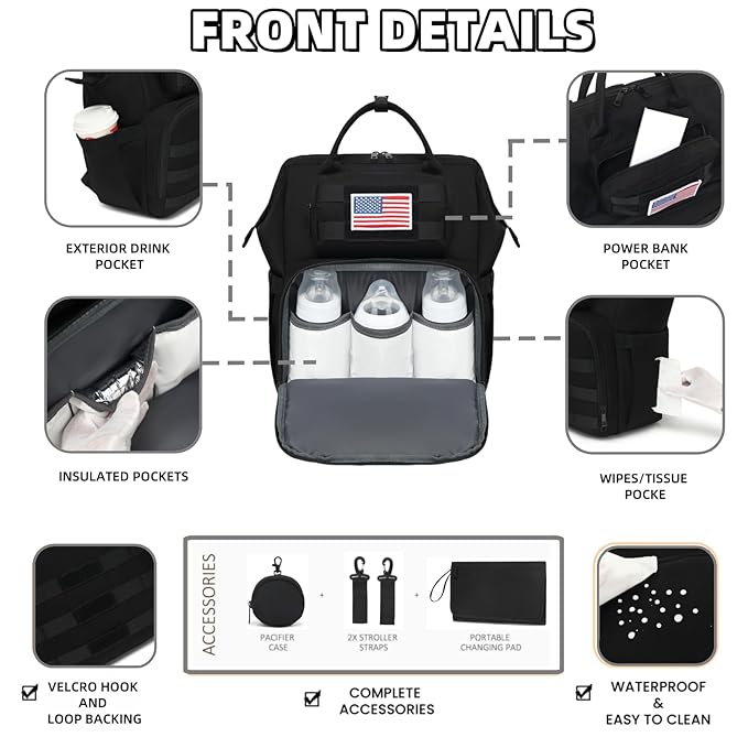ROSEGIN Diaper Bag Backpack for Dad and Men, Large Travel Baby Bag with Changing Pad, Pacifier Case, Removable Flag Patch - Baby Shower Gifts - Shadow Black