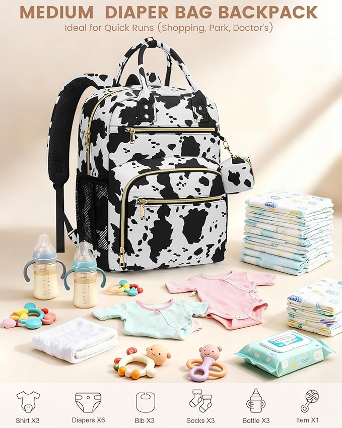 Pritent Diaper Bag Backpack,Baby Essentials Diapers Bag with Pacifier Case,Multipurpose Stylish Large Capacity Travel Backpack for Baby Girl/Boy(M-Cow Print)