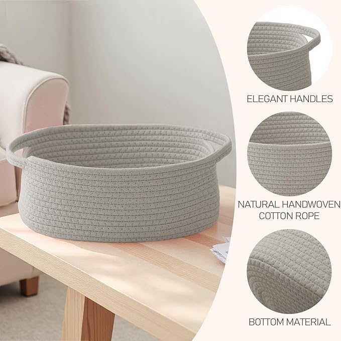 JMvicyroam Woven Basket,Small Rope Storage Bin with Handles & Ribbon Bag, Organizer for Shelves Closets,Gift Basket Empty for Birthday,Books,Dog Toys, Grey/2 Pack