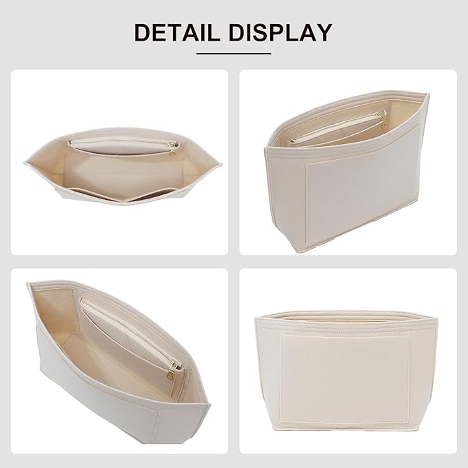 Premium Felt Purse Organizer Insert for Longchamp Le Pliage M Top Handle Tote Bag, Lighweight Long Champ Medium Tote Divider with Zipper Pocket,Bags Storage Shaper with 7 Pockets,SM/Beige