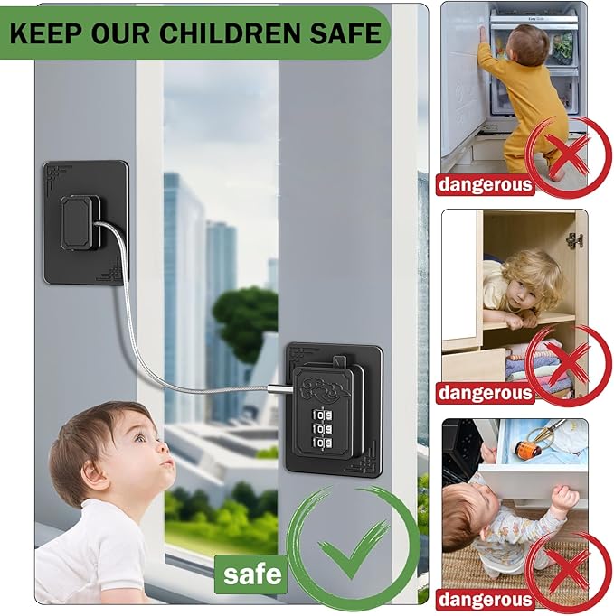 Lexng 4 Pack Refrigerator Locks with 3 Digit Code, Easy Install Fridge Lock Combination, Premium Freezer Lock, Child Proof Cabinet Locks for Refrigerators, Drawers, Closets, Windows (Black)