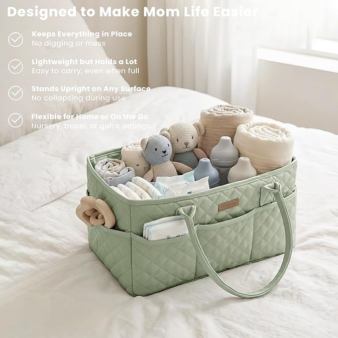 Konssy Quilted Diaper Caddy Organizer, Diaper Caddy Basket with Vegan Leather Handles, Portable Nursery Storage Basket, Water-Repellent Car Organizer, Registry Search Must Haves (Fog Green)