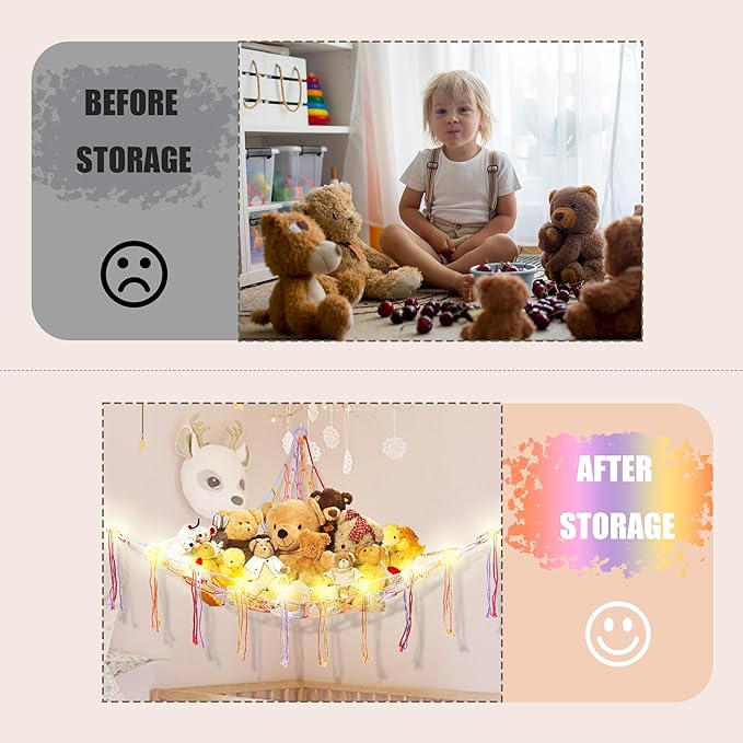 CERETIA Stuffed Animal Hammock with LED Light, Large Stuffed Animals Storage Corner Plushie Net for Kids Room Decor, Rainbow