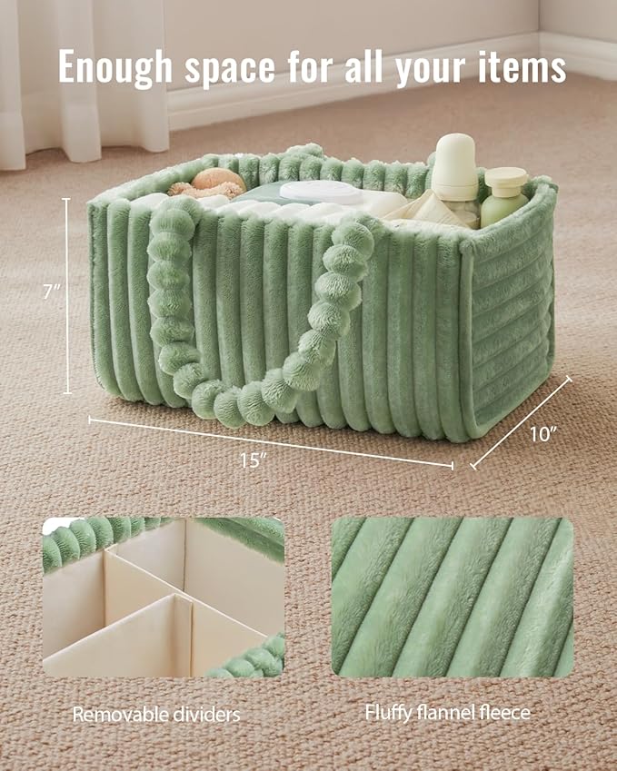 Blissful Diary Flannel Diaper Caddy Organizer, included Gift Packaging, Cozy Nursery Storage Basket, Gift for Baby Shower, Newborn Essentials, Sage Green