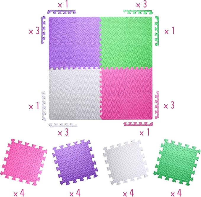Coolcandy Baby Foam Play Mat 16Pcs with Edge Strips, 4 Colors Interlocking Floor Tiles, 0.4″ Thickened Non-Slip Puzzle Floor Mat for Infants Toddlers Playroom & Daycare