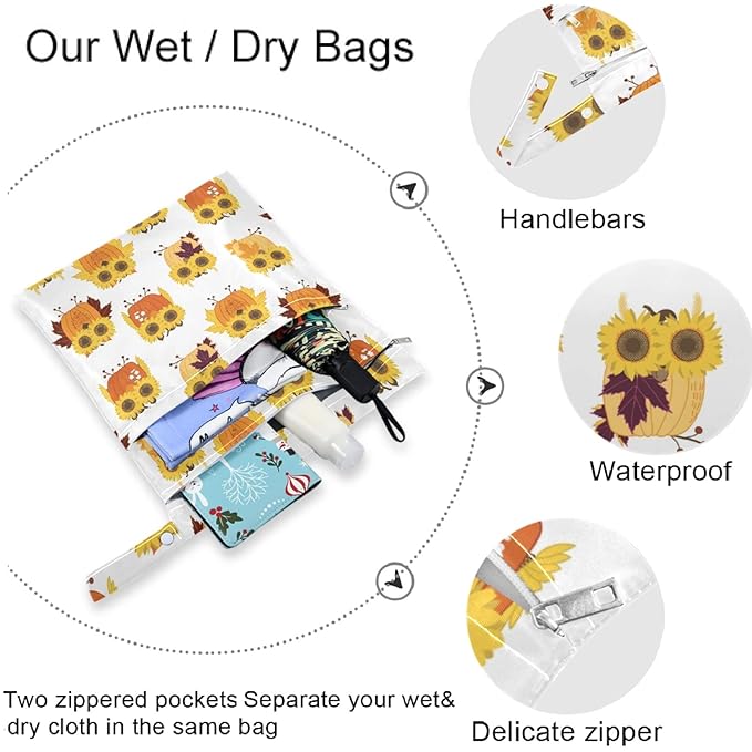 visesunny Owl with Sunflower Eyeglasses Animal 2Pcs Wet Bag with Zippered Pockets Washable Reusable Roomy for Travel,Beach,Pool,Daycare,Stroller,Diapers,Dirty Gym Clothes, Wet Swimsuits, Toiletries