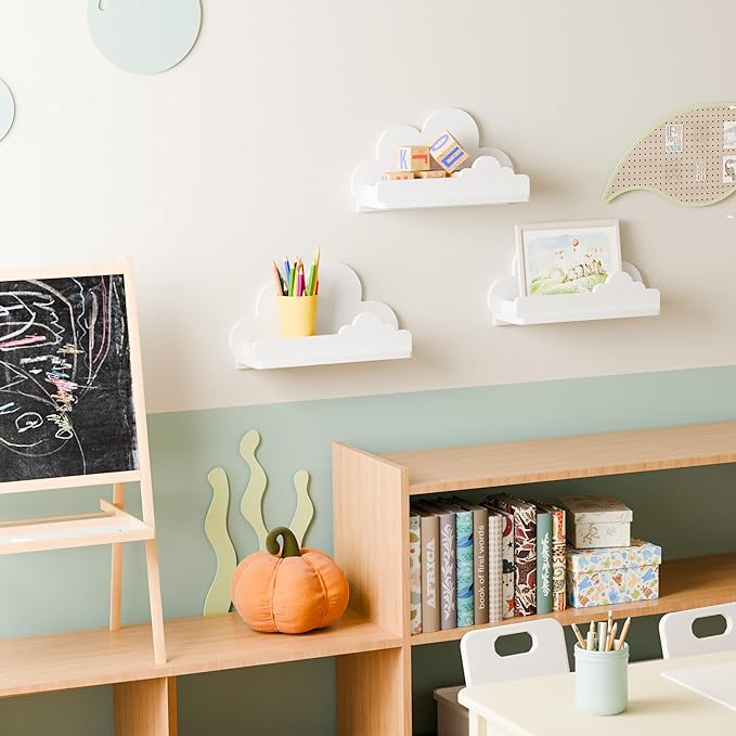 Beskadi Cloud Shelves for Kid’s Room Nursery Wall Deor Set of 3, White Cloud Bookshelf Floating Shelf, Small Figure Shelf Wall Mounted, Cute Decorative Cloud Floating Shelf for Toys, Plants & Storage