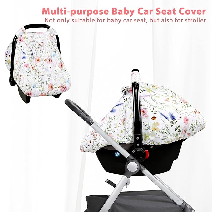 Car Seat Cover Baby, Anti-Kick Carseat Covers Baby Girl, Warm Minky Infant Car Seat Canopy with Mesh Window, Multi-Use Cover Protecting Baby from Wind, Sun, Strangers, White Flowers