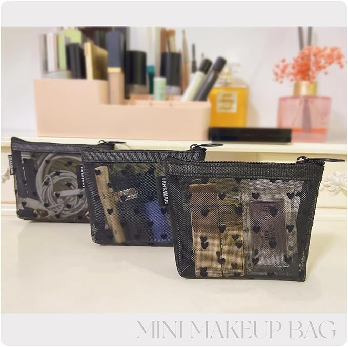 Mini Mesh Heart Makeup Bag Set, Mesh Cosmetic Bags with Zipper, Makeup Lipstick Cosmetic Accessories Organizer Bag, Mesh Pouch for Travel (Black-6pcs)