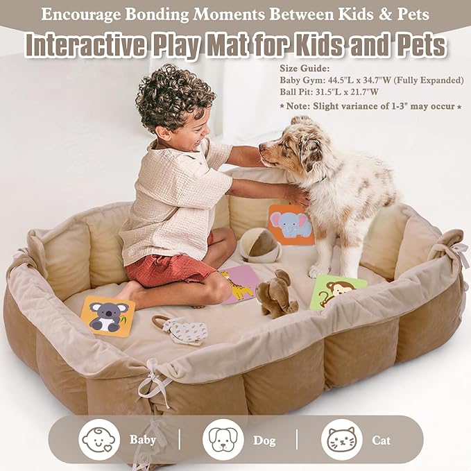 5-in-1 Plush Baby Play Gym, Baby Play Mats, Convertible Baby Gym, Tummy time mat, 6 Sensory Toys, Activity Center, Ball Pit, Brown