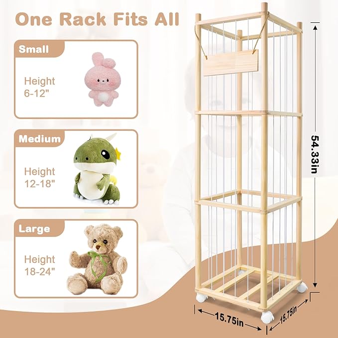BENCHRY Stuffed Animal Storage, Wooden Cute Zoo Toy Holder with Brake Wheels, Space Save Toy Organizer, Large Capacity Stuffed Animal Holder, Perfect for Nursery Playroom Kidroom Bedroom-54 Inch