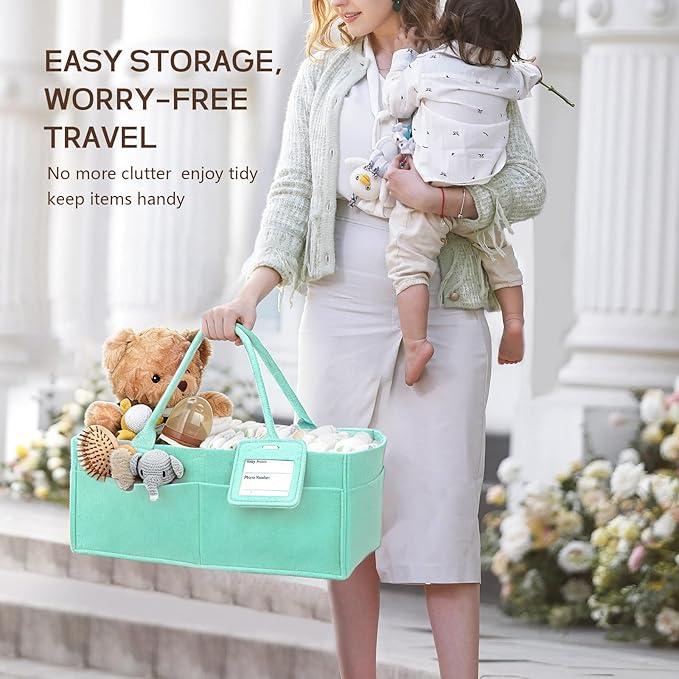 GEMII Diaper Caddy Organizer-Large Baby Caddy Organizer with Handle, Newborn Registry Essentials, Baby Shower Basket Gifts for Boys or Girls (Green, Large)