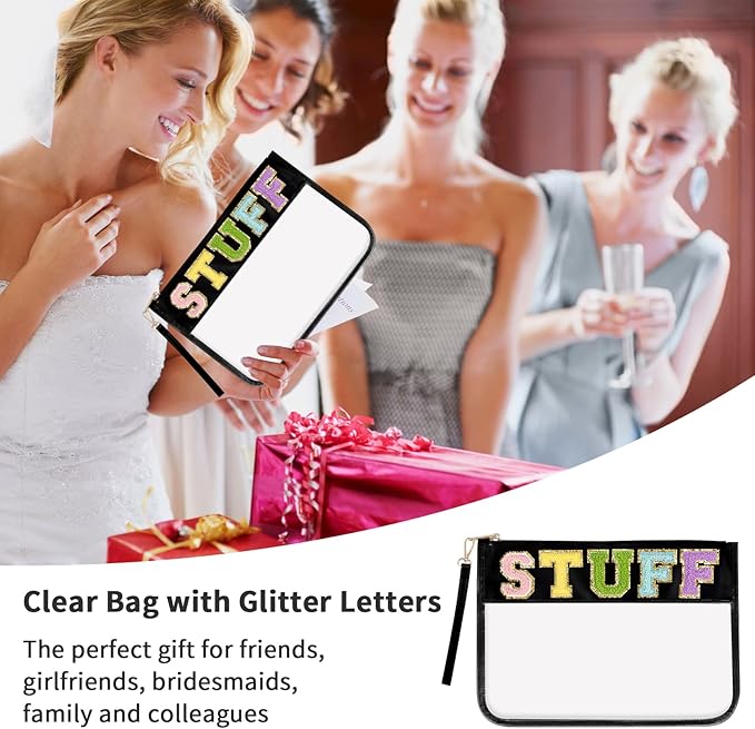 Iqimott Chenille Letter Clear Bag Stuff Pouch, Monogram PVC & PU Makeup Cosmetic Bag Zipper Toiletry Pouch, Waterproof Portable Purse Travel Beach Snack Wristlet Bags for Women Girls(Stuff, Black)