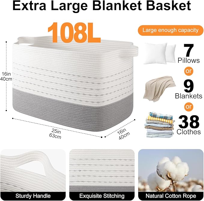 OIAHOMY 108L Extra Large Blanket Basket, 25”x16”x16” Rectangle Woven Cotton Rope Baskets for for Living Room, Toy Storage with Handle- Gradient Grey