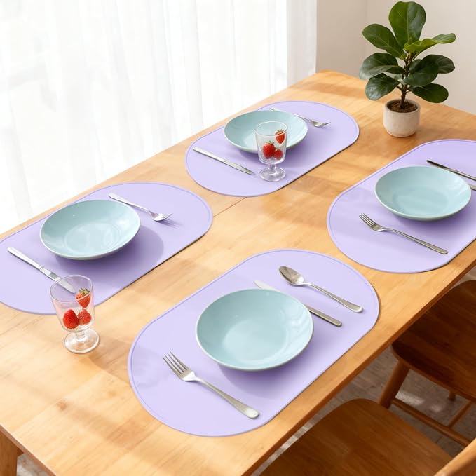 yuuzue Silicone Placemat Set of 4, Heat Resistant Placemats for Dinning Table, Reusable Portable Kids Baby Placemats, Waterproof Stain-Proof Toddler Food Mats, Easy to Clean Silicone Mat Oval Placemat