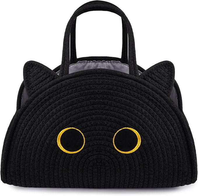 Black Cat Baby Diaper Caddy Organizer, Cute Cat Woven Cotton Rope Basket for Nursery, Portable Caddy Empty Gift Basket, Large Bag Baby Shower Towels Wipes for Newborn Essentials Storage Bins