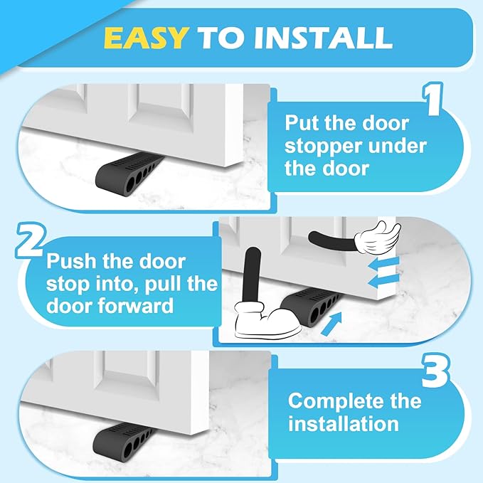 Rubber Door Stoppers for Bottom of Door - Door Stop Wedge with Holder for Home Office Stackable on Multi Floor Carpet Concrete Tile Linoleum & Wood Heavy Duty Doorstop No Sliding Drilling Black