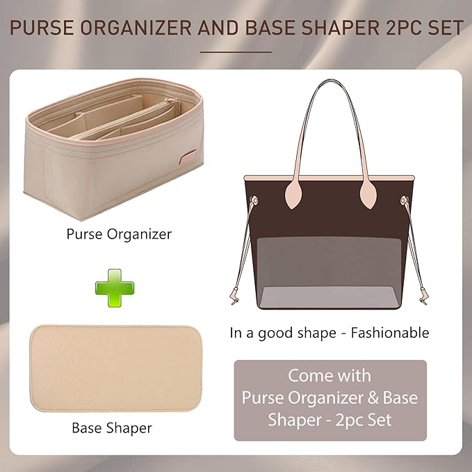 Doxo Purse Organizer Insert for Handbags & Base Shaper Combination,Tote Bag Organizer Insert Suitable to Lv Speedy 25,NeoNoe MM,Noe,Book Tote S,C.oach City 30,Long Champ Le-pliage S and More (M-Beige)