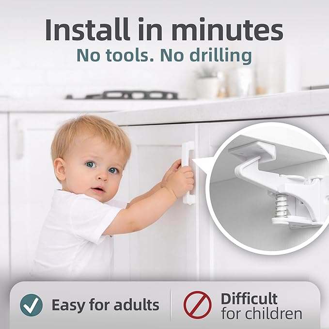 (10 pcs) Upgraded Invisible Baby Safety Proofing Cabinet Latch Locks - No Tools or Drilling Required for Installation, Works with Most Cabinets Drawers and with Countertop