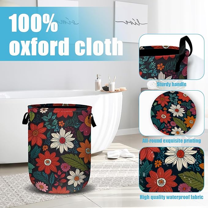 Colorful Flowers Leaves Laundry Basket, Laundry Hamper Collapsible Oxford Cloth with Handle Clothes Toy Storage Bin for Bathroom Laundry Room Bedroom 15.7 X 20 Inch