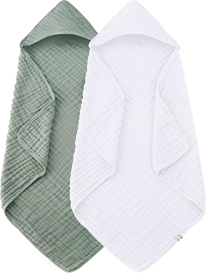 Spotted Play 2 Pack Hooded Baby Towels - 100% Muslin Cotton for Newborns, Infants, Toddlers - Large 32x32Inch Size - Highly Absorbent and Essential for Newborn Care, White and Green