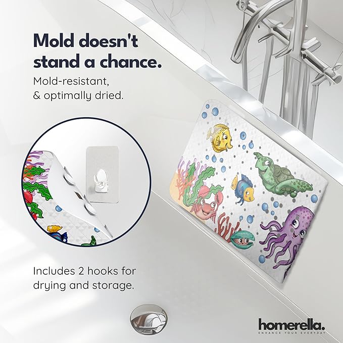 Bath Tub Mat Non Slip Anti Mold for Kids BPA Free INCL Hooks - homerella® Ocean Sea Animals 28x16, Baby Bath Mat Non Slip 200 Suction Cups, Non Toxic Machine Washable Toddler Bath Mat, EU Certified