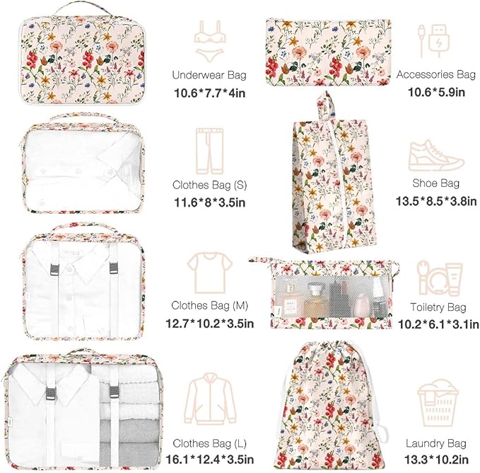 8 Set Packing Cubes for Suitcases, Packing Cube with Shoe, Cosmetics, Clothing, and Accessories Bags for Travel Luggage Organizer Women Men(Retro Flowers)