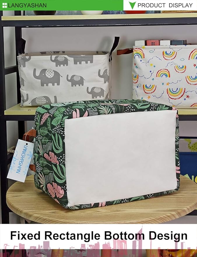 LANGYASHAN Rectangular Storage Bin Collapse Canvas Fabric Cartoon Storage Basket with Handles for Organizing Home Kitchen Boys and Girls Toys Office Closet Shelf Baskets(Rec Full Leaf)
