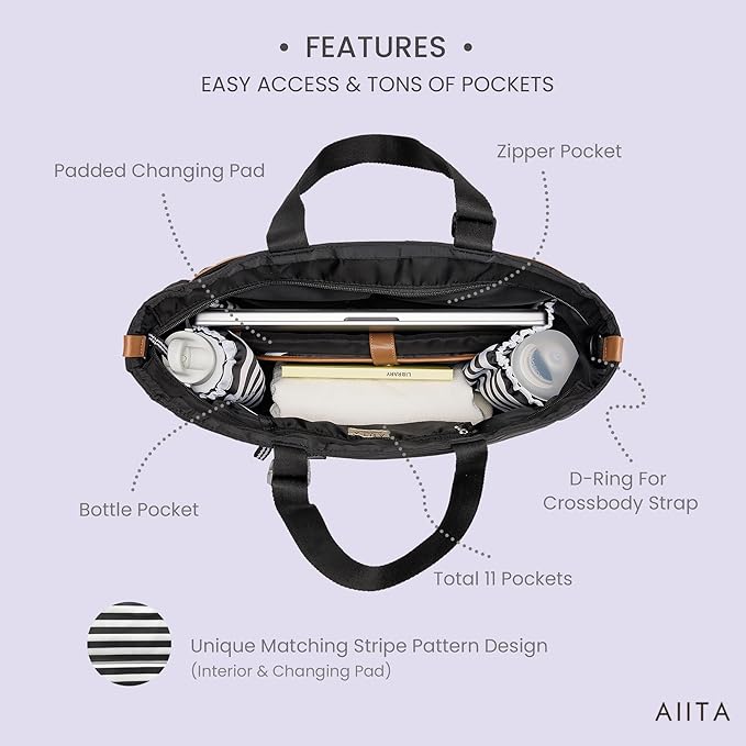 AIITA Diaper Bag Tote,Baby Diaper Bags,Convertible Diaper Bag Backpack,Crossbody Tote Bag for Women,Stylish Shoulder Bag with Changing Pad,Baby Registry, Work Tote,Travel Gym Bag,Black
