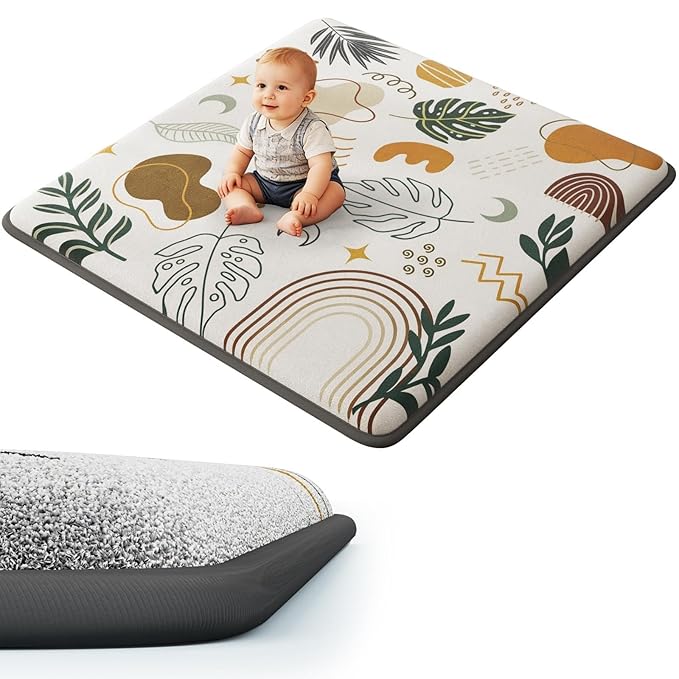 1.3" Thick Baby Play Mat for Floor, Elasti-Foam 50x50 Playpen Mat, Water Repellent Ultra Soft Coral Velvet Tummy Time Crawling Mats for Kid Toddlers Infants, Non-Slip Backing Safe for Earth Tones